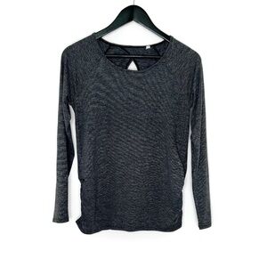 Lucy Top Long Sleeve Scoop Neck Open Back Gray Black Striped Shirt